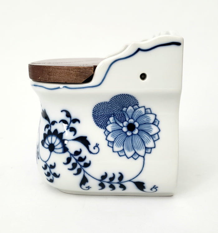 Vintage BLUE DANUBE Porcelain Salt Box Wooden Lid Script Ribbon Banner Mark