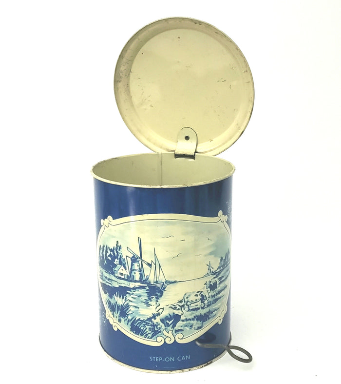 Vintage Litho Tin Toy "Step On Can"  Blue White Dutch Scene by Wolverine Supply