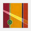 The artwork 'Warmth' by Arthur Norcome features geometric abstract watercolor composition with bold vertical stripes in burgundy, golden yellow, and rust orange, intersected by diagonal light pink lines. A distinctive green circular element with navy blue center adds focal interest against vertical color blocks. 5x5 inches watercolor painting.
