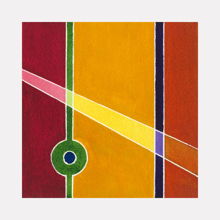 The artwork 'Warmth' by Arthur Norcome features geometric abstract watercolor composition with bold vertical stripes in burgundy, golden yellow, and rust orange, intersected by diagonal light pink lines. A distinctive green circular element with navy blue center adds focal interest against vertical color blocks. 5x5 inches watercolor painting.