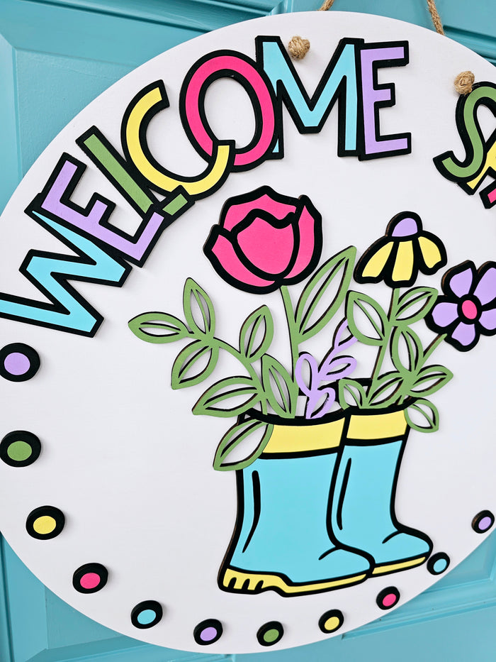 Welcome Spring Polka Dots Rainboot Door Hanger-wholesale