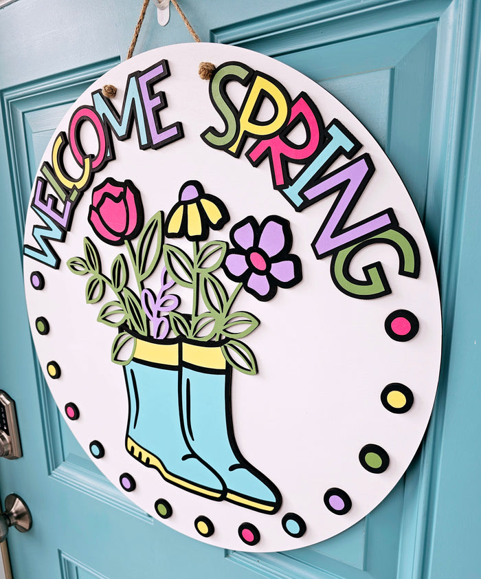 Welcome Spring Polka Dots Rainboot Door Hanger-wholesale
