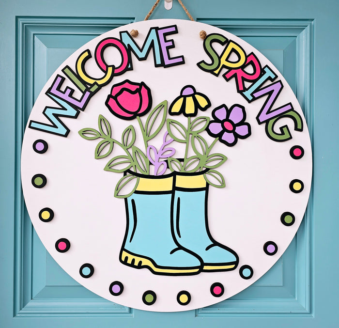 Welcome Spring Polka Dots Rainboot Door Hanger-wholesale