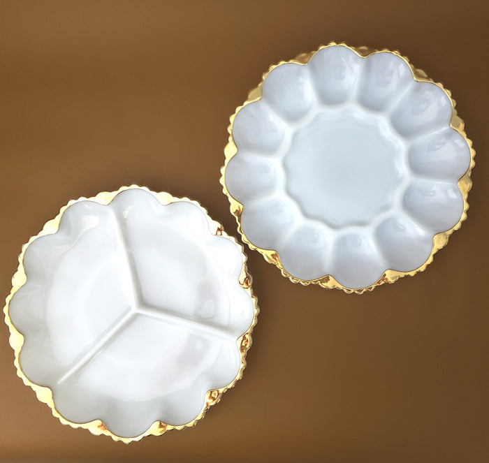 White Milk Glass with Gold Trim, Egg Tray & Divided Appetizer Dish by Anchor Hocking