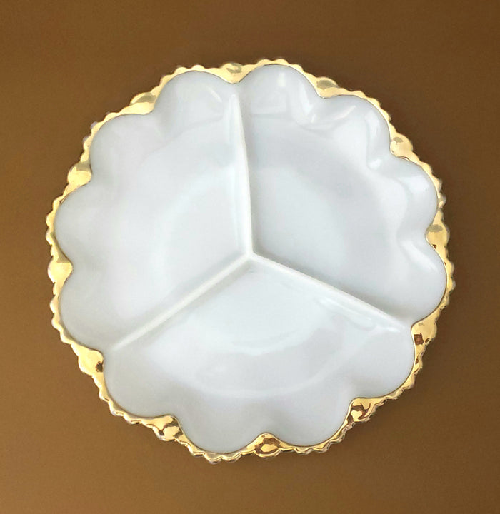 White Milk Glass with Gold Trim, Egg Tray & Divided Appetizer Dish by Anchor Hocking