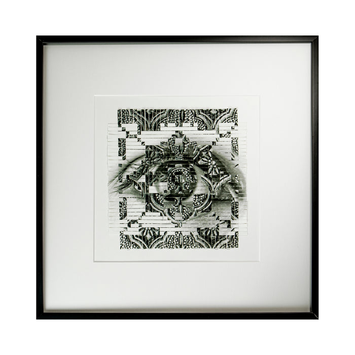 The artwork 'Window' by Kiana Honarmand features an intricate black and white composition created from hand-cut and woven giclee prints. The design showcases a central circular pattern with ornate geometric and floral motifs, surrounded by symmetrical decorative borders. The piece is displayed in a clean white mat and black frame, creating a striking monochromatic contrast.