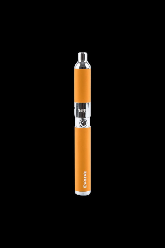 Centered front view of a black-background Yocan Evolve Vaporizer in matte orange with chrome accents and a single push button.