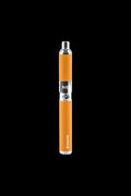 Centered front view of a black-background Yocan Evolve Vaporizer in matte orange with chrome accents and a single push button.