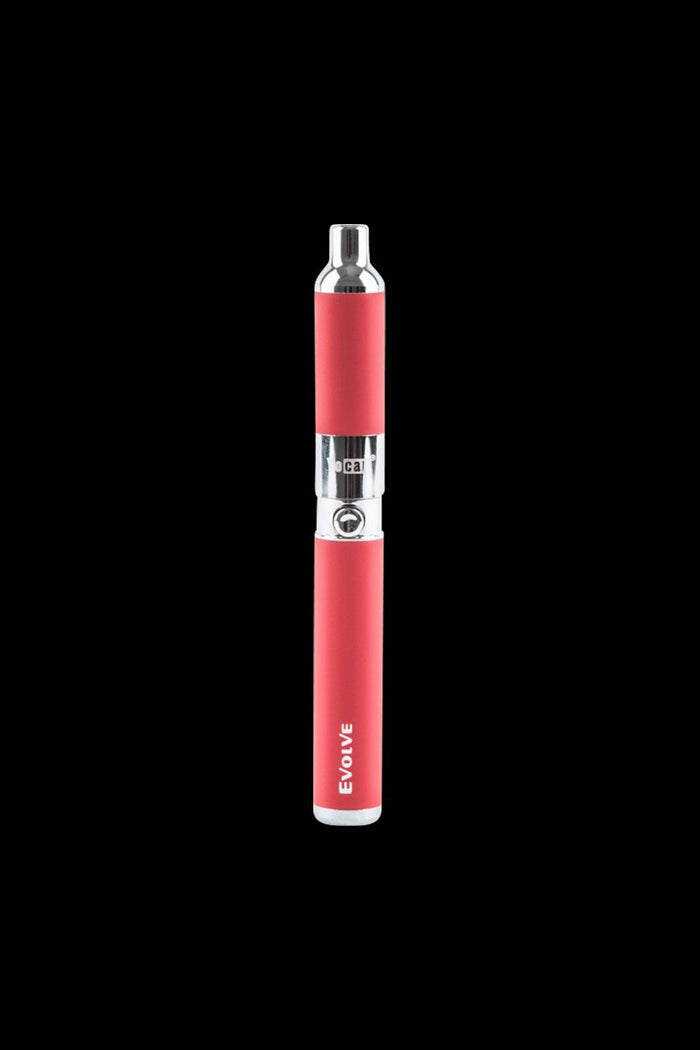 Centered front view of a red Yocan Evolve Vaporizer on a black background, showing its metallic mouthpiece and EVOLVE logo.