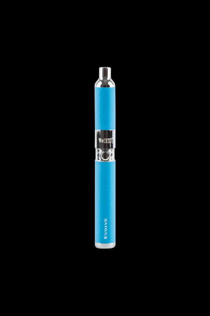 Centered front view of the blue Yocan Evolve Vaporizer against a solid black background, showing its chrome mouthpiece and button.
