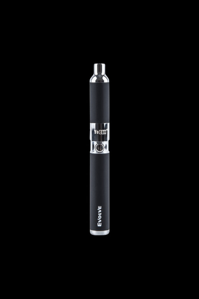 Centered vertical studio shot of a black Yocan Evolve Vaporizer with chrome accents against a solid black background.