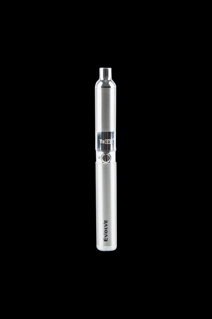 Centered front view of the Yocan Evolve Vaporizer in metallic silver against a black background.
