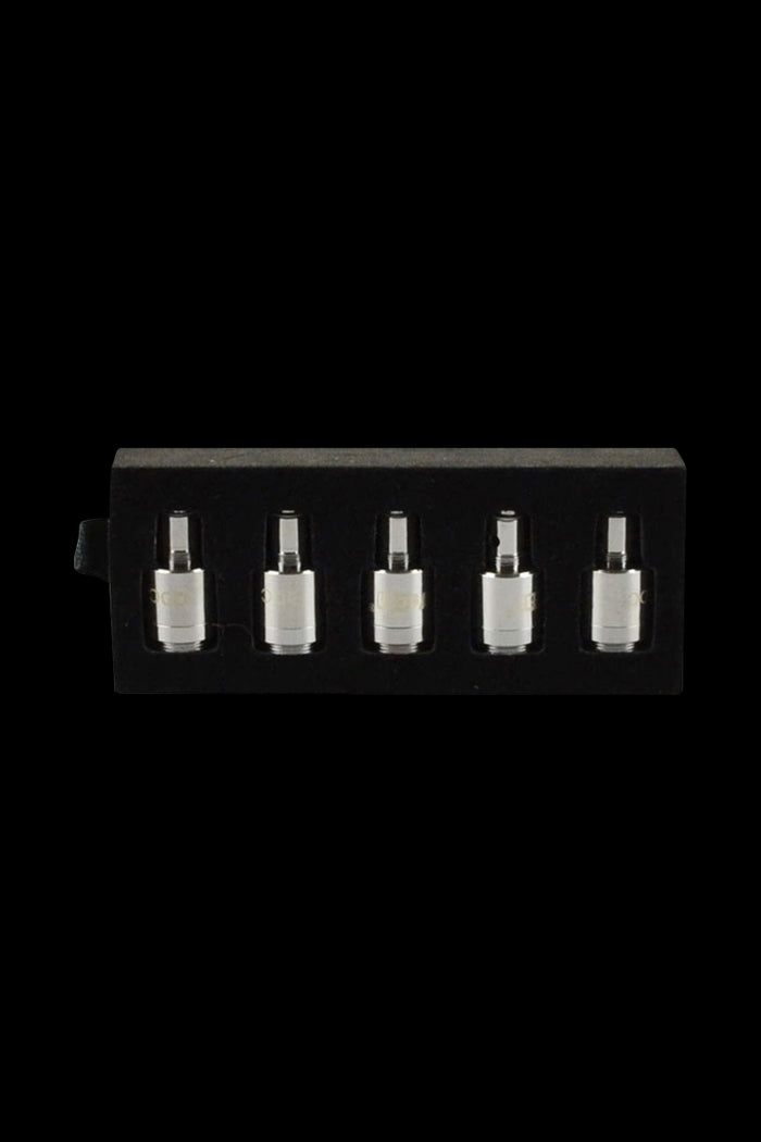 A close-up of the Yocan Pandon & Evolve Dual Quartz Coils – 5 Pack – arranged in a row against a dark background.